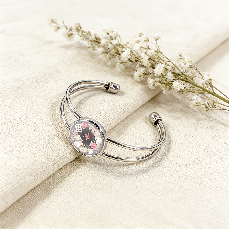 Adjustable Open Bangle with Pink Poker Heart Pattern